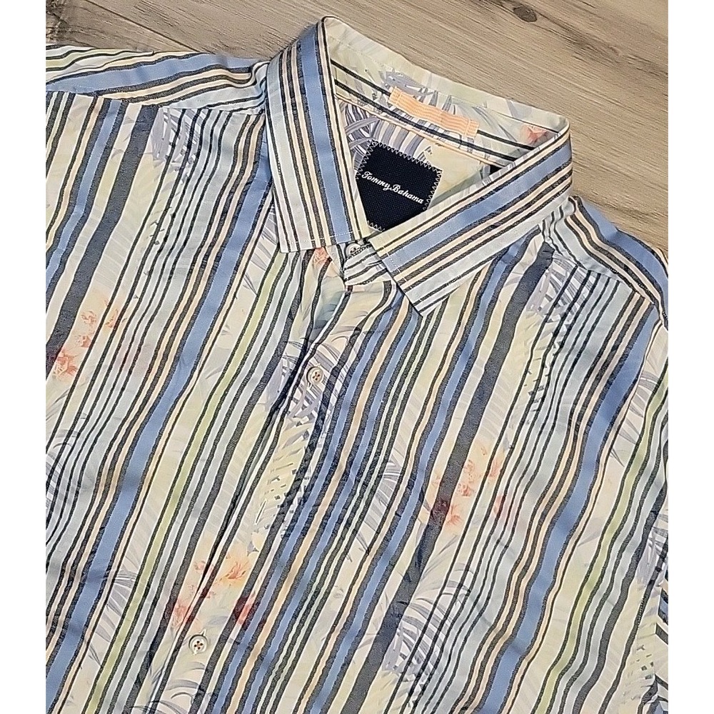 Tommy Bahama Shirt Mens XXL Muilticolor Striped Floral‎ AOP Hawaiian Long Sleeve